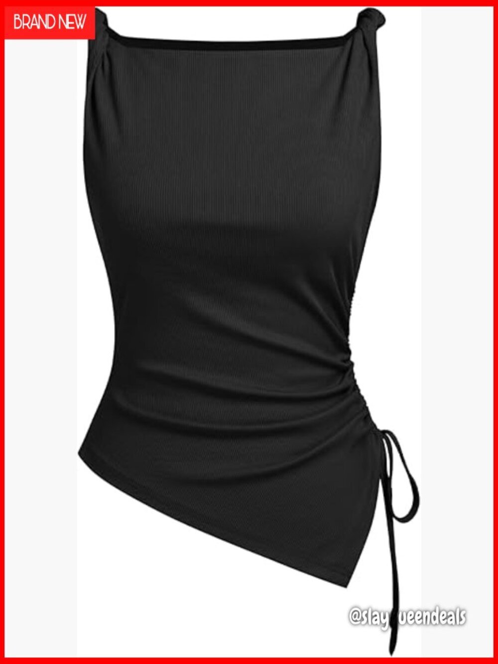 Sleeveless Boat Neck Crop Tank Top with Ruched Detail Asymmetrical Hem